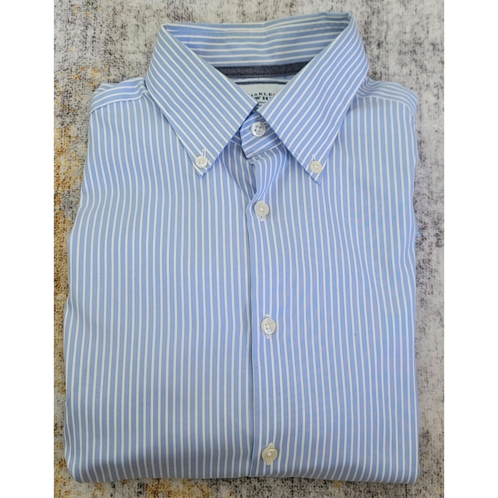 Charles Tyrwhitt Mens Blue White Stripe Non-Iron Extra‎ Slim Fit Shirt Size 15.5